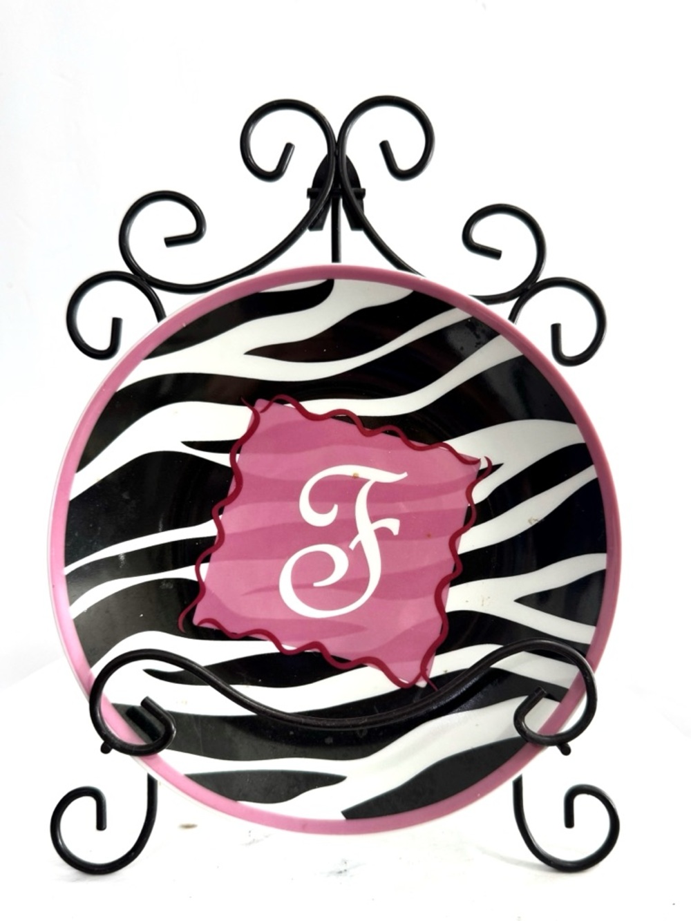 Personalized Zebra Print Plate Initial “F” Pink Monogrammed with Stand